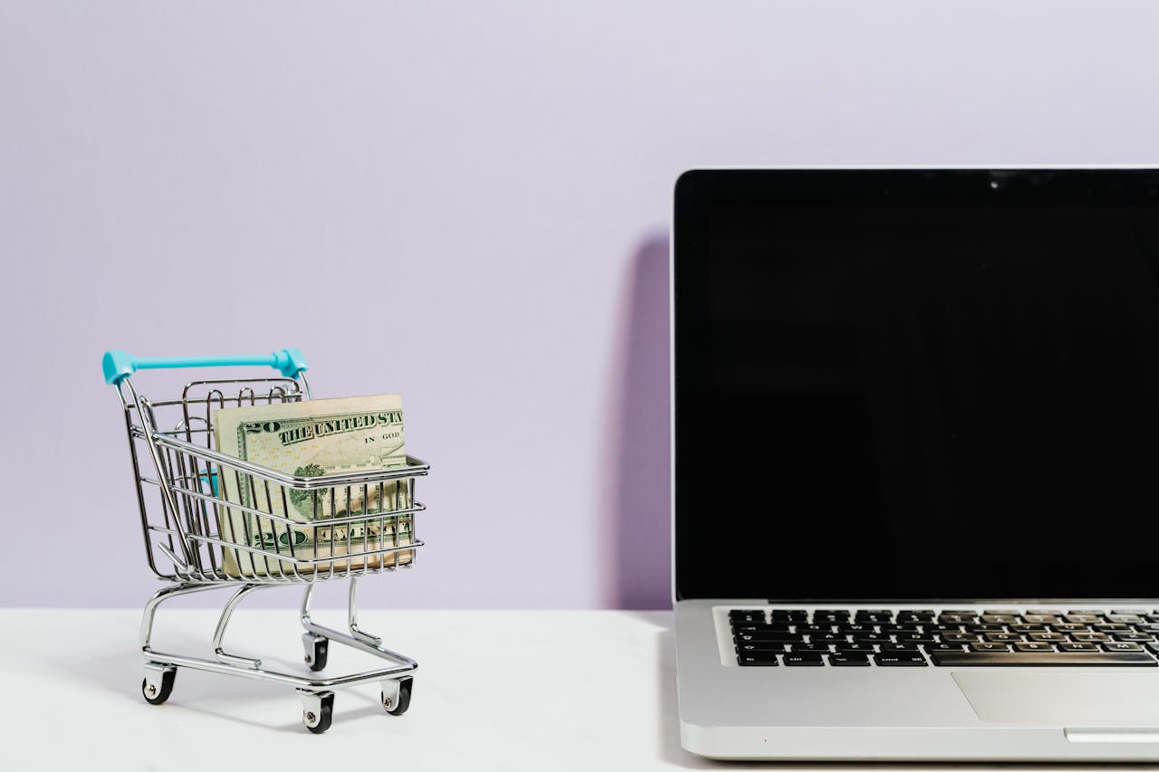 hero-img Shopping cart with money next to a laptop symbolizing online shopping and e-commerce.